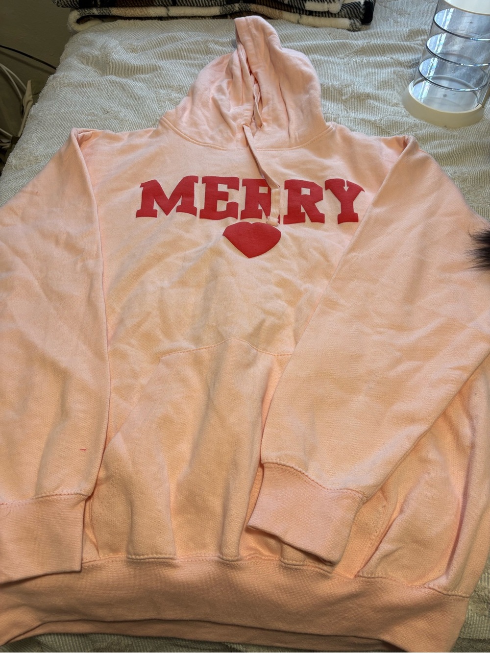 Inspire Pink 'Merry' Hoodie with Red Heart Graphic
